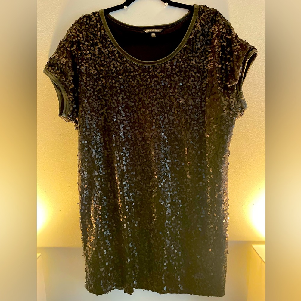 Victorias Secret black sequin leather trimmed mini dress size M